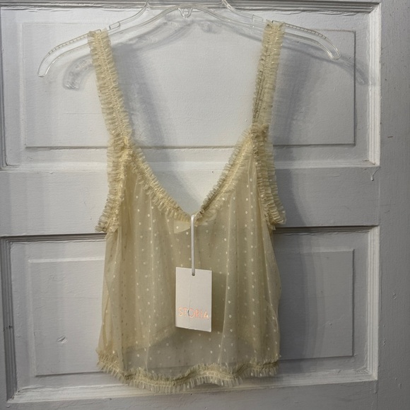 Storia Sheer Polka Dot Ruffle Trim Crop Top NWT Size M - Picture 1 of 8